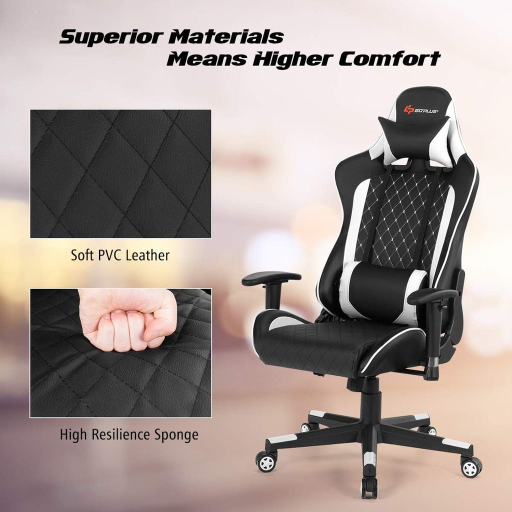 POWERSTONE Gaming Chair, Gaming Recliner with Adjustable Armrest Massage Lumbar Pillow Wide Cushion Ergonomic Office Computer Chair for Adults, White