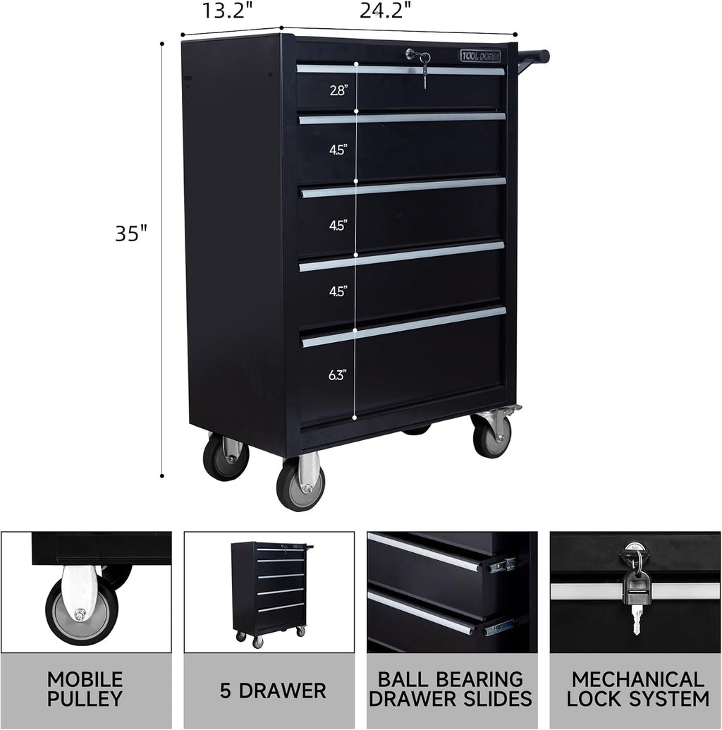 5-Drawer Rolling Tool Chest with Locking Wheels & Drawers, 13' D x 24.2' W x 34.6' H Mobile Tool Storage Cabinet, Heavy-Duty Garage Organizer w/Ergonomic Handle