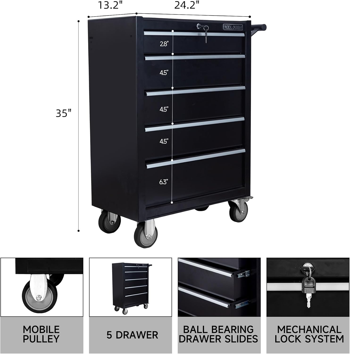 5-Drawer Rolling Tool Chest with Locking Wheels & Drawers, 13' D x 24.2' W x 34.6' H Mobile Tool Storage Cabinet, Heavy-Duty Garage Organizer w/Ergonomic Handle