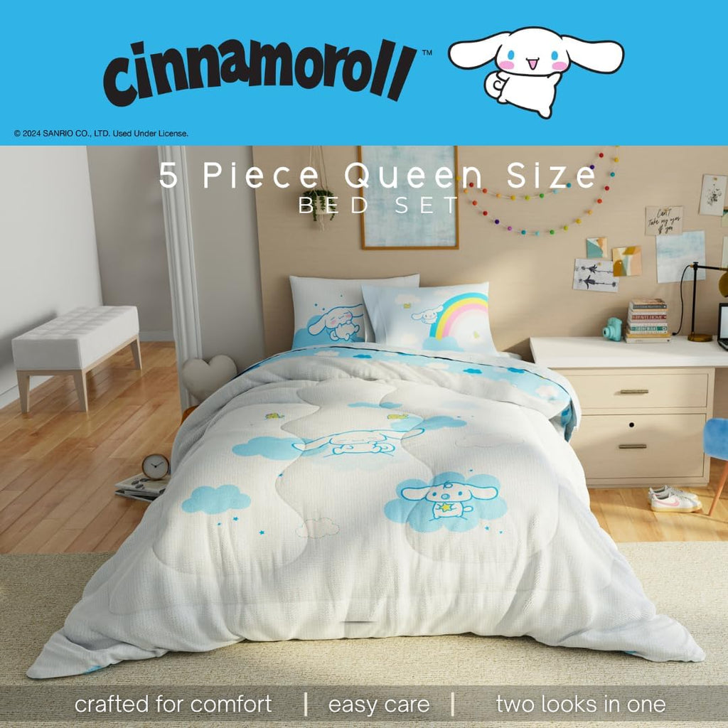 Cinnamoroll Bedding - 5 Piece Queen Size Bed Set - Super Soft Microfiber Comforter and Sheet Set, (Officially Licensed Product) by Franco Collectibles