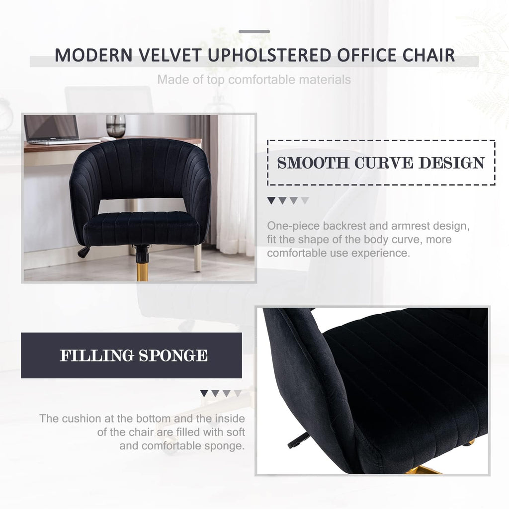 Eifizek Velvet Office Desk Chair, Modern Adjustable Home Desk Chair with Wheels, Swivel Vanity Chair for Bedroom, Office, Vanity Study (Black)
