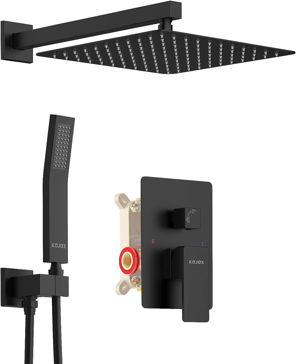 KOJOX 12 Inch Black Shower System with Rain Shower Head, Handheld Shower, Bathroom Luxury Mixer Combo Set, Wall Mounted Faucet Rough-in Valve and Trim Kit