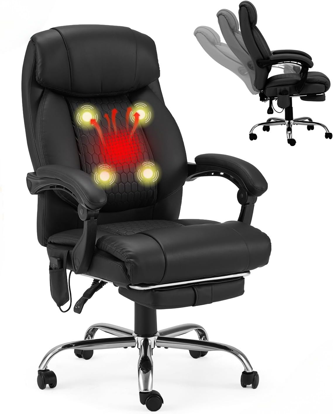 HOMREST 4-Point Massage Office Chair with Heating and Footrest, Reclining Executive Leather Desk Chair, Ergonomic Heated Managerial Chair for Home Office, Black