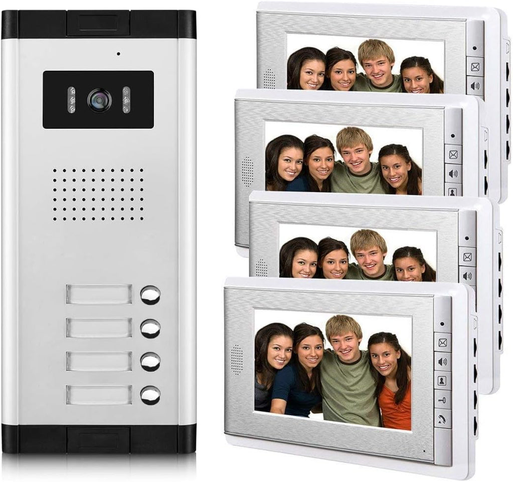 Apartment Video Intercom System, 4 Household Video Doorbell Kits, Wired 7 Inches Monitor, IR Outdoor Camera Support Monitoring, ID Unlock, 2 Way Intercom, 1- Camera and 4-Screen