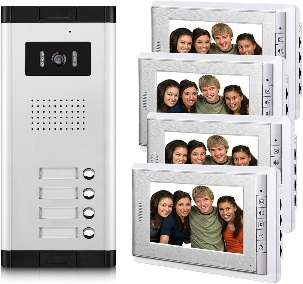 Apartment Video Intercom System, 4 Household Video Doorbell Kits, Wired 7 Inches Monitor, IR Outdoor Camera Support Monitoring, ID Unlock, 2 Way Intercom, 1- Camera and 4-Screen