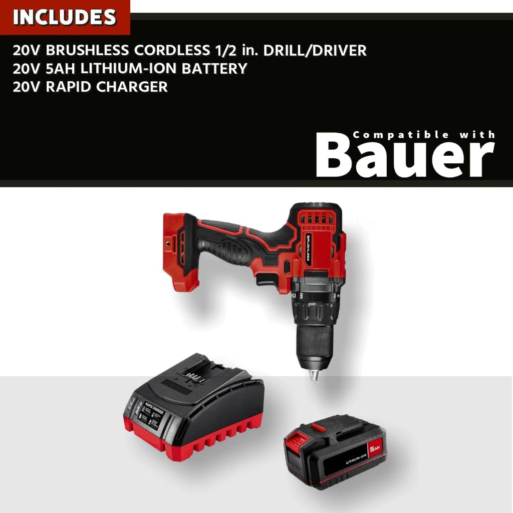 NEW! 20-Volt Lithium-Ion Cordless Combo Kit (Complete Power Tool Bundle) with 20V Brushless Cordless 1/2 in. Drill/Driver, 20V 5Ah Lithium Ion Battery & 20V Rapid Charger - Fits All BAUER 20V Tools