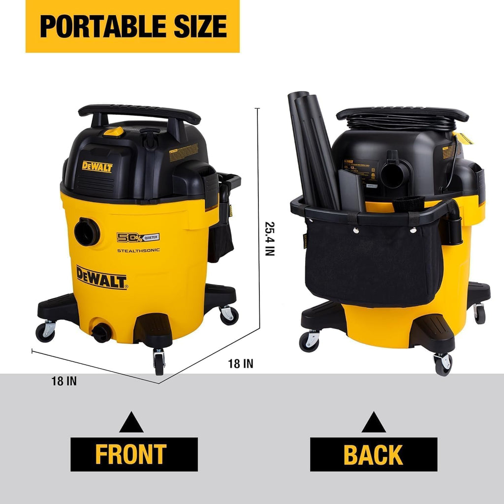 DEWALT 12 Gallon STEALTHSONIC Ultra Quiet Poly Wet Dry Vacuum, DXV12P-QTA Powerful Suction Noise Reduction Vac, 5.5 Peak HP Shop Vacuum for Jobsite/Workshop, Reduce Motor Noise