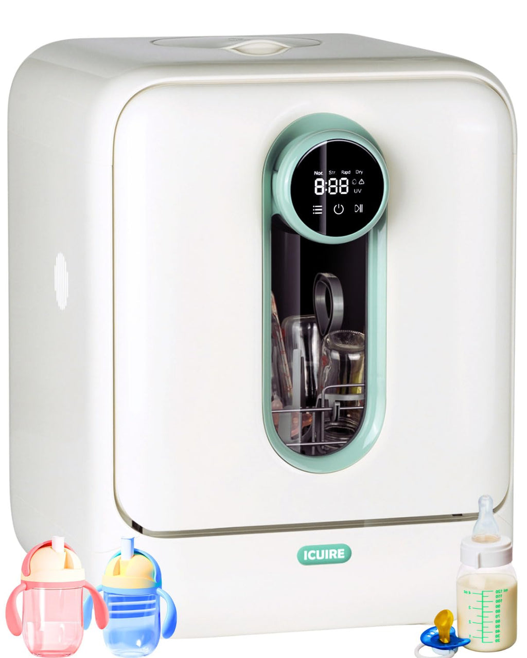 ICUIRE Baby Bottle Washer and Sterilizer and Dryer, 131-167°F High Temperature Sterilize for Baby Stuff, 3.2L Water Tank to Clean Bottles, Pump Part &Pacifiers&Bowl, Newborn Parents One-Hand Operation