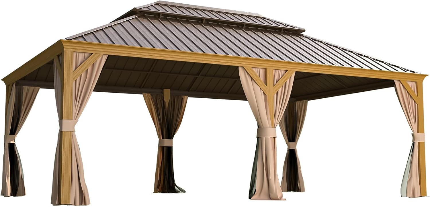 YOLENY 12'x22' Hardtop Gazebo, Galvanized Steel Double Roof with Wood Grain Aluminum Frame Pergola, Outdoor Permanent Metal Pavilion with Curtains and Nettings for Patio, Backyard and Deck