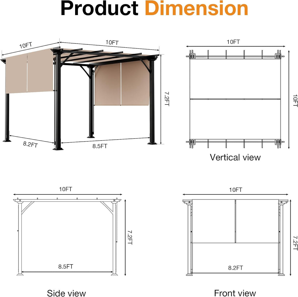 Joyside 10x10 Outdoor Pergola with Retractable Shade Canopy, Heavy-Duty Patio Metal Pergola with 4 Roller Shade Roof for Deck, Garden Use