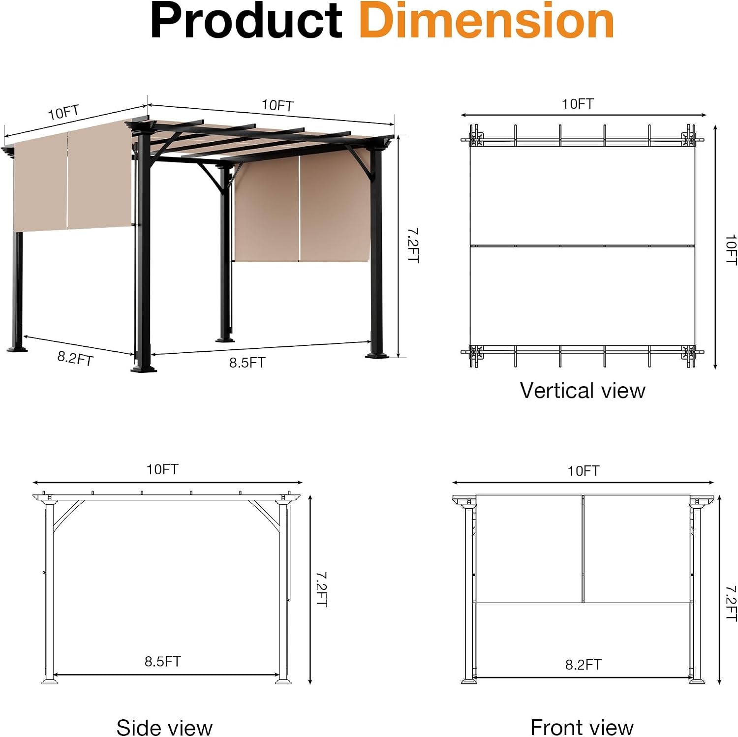 Joyside 10x10 Outdoor Pergola with Retractable Shade Canopy, Heavy-Duty Patio Metal Pergola with 4 Roller Shade Roof for Deck, Garden Use