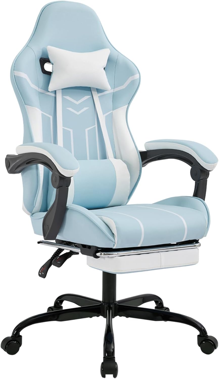Gaming Chair with Massage and Footrest, Ergonomic High Back PC Racing Chair, 300LBS Capacity with Adjustable Lumbar Support & Headrest for Office and Desk (Model D, Blue+White)