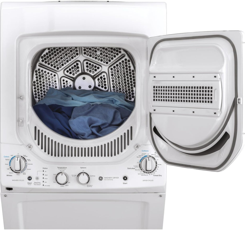 GE Unitized Spacemaker® 2.3 Cu. Ft. Washer and 4.4 Cu. Ft. Electric Dryer Laundry Center, 24-Inch, White – GUD24ESSMWW