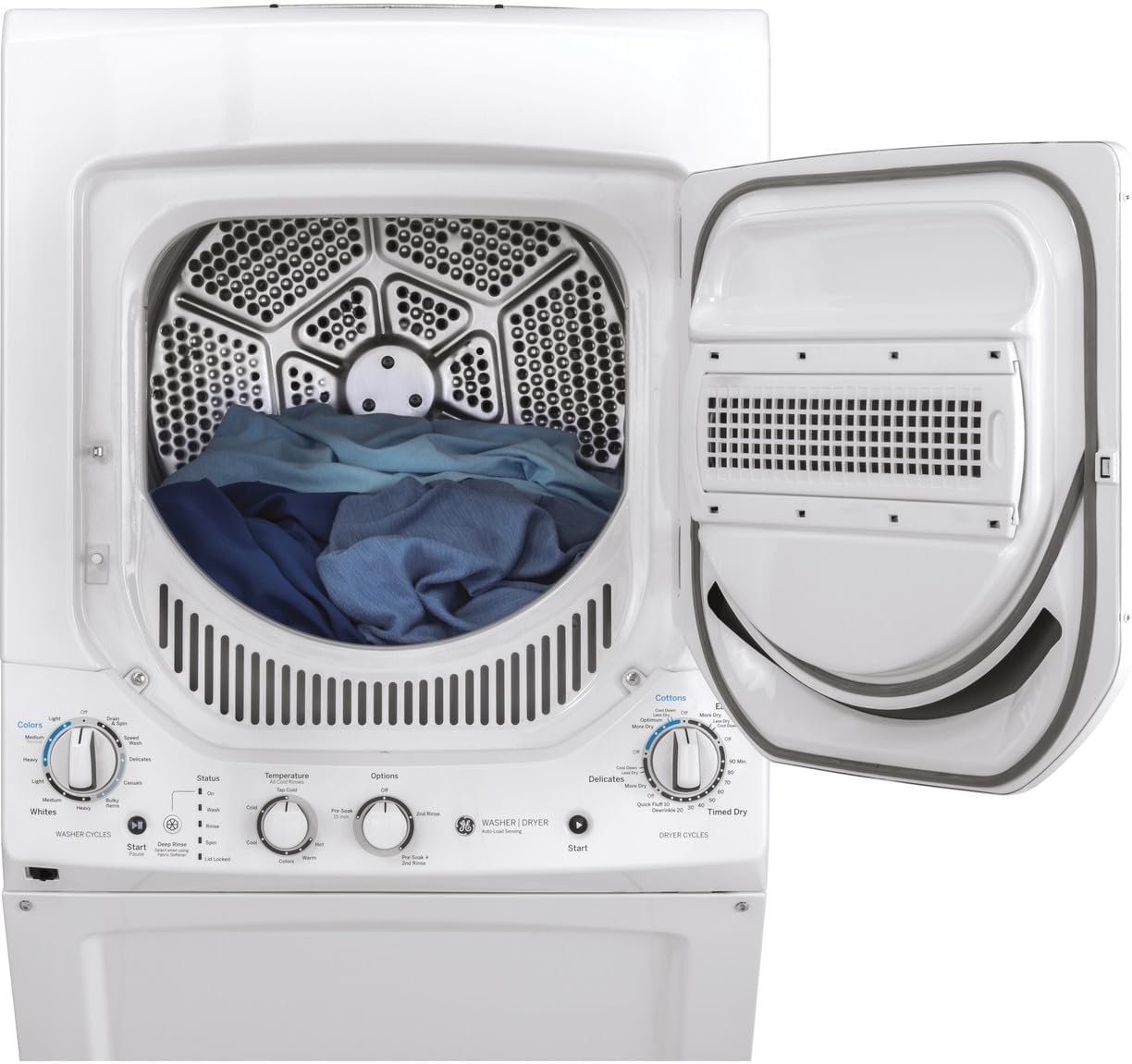 GE Unitized Spacemaker® 2.3 Cu. Ft. Washer and 4.4 Cu. Ft. Electric Dryer Laundry Center, 24-Inch, White – GUD24ESSMWW