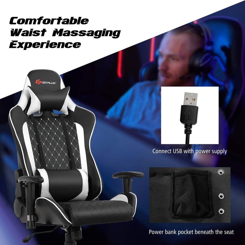 POWERSTONE Gaming Chair, Gaming Recliner with Adjustable Armrest Massage Lumbar Pillow Wide Cushion Ergonomic Office Computer Chair for Adults, White