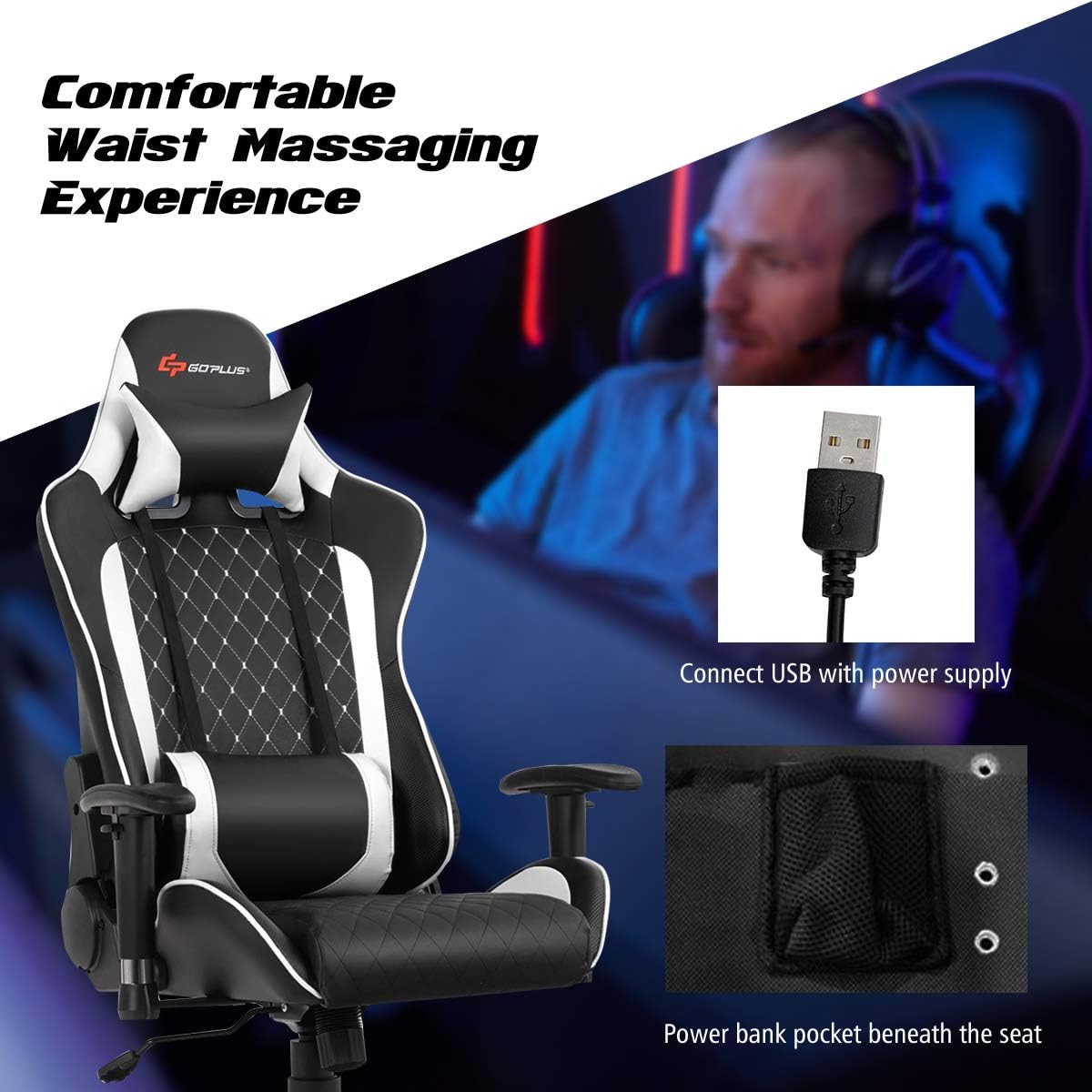 POWERSTONE Gaming Chair, Gaming Recliner with Adjustable Armrest Massage Lumbar Pillow Wide Cushion Ergonomic Office Computer Chair for Adults, White