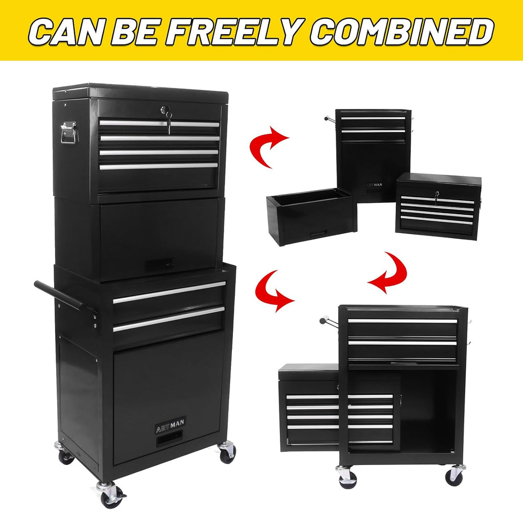 Rolling Tool Chest with 6 Drawers, Lockable Steel Tool Cabinet on Wheels with Detachable Top Box, Garage Workshop Storage Organizer, 2-in-1 Tool Box