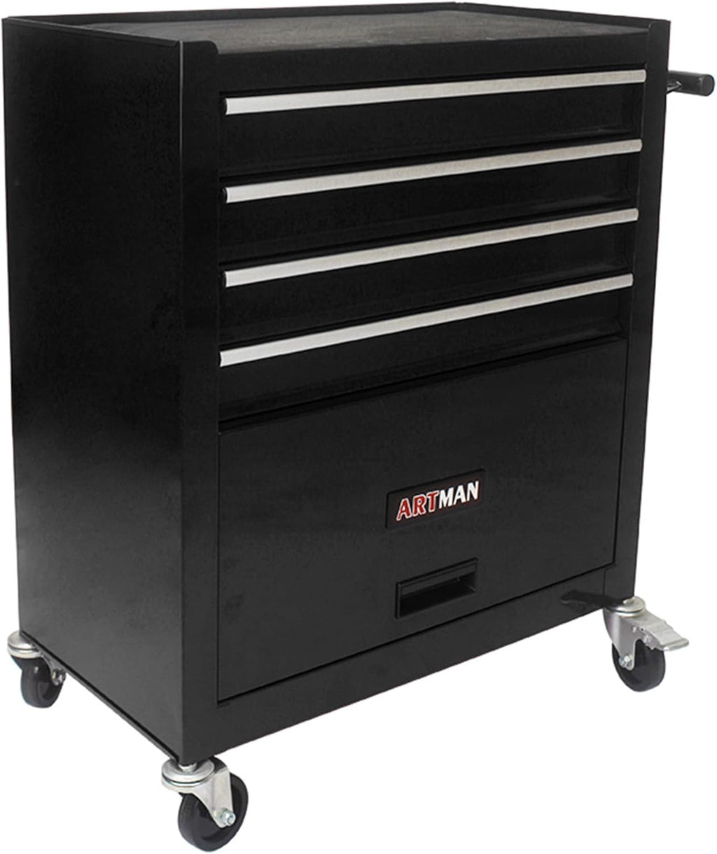 4-Drawer Tool Cart on Wheels, Drawers Rolling Tool Chest with 1 Cabinet, Mobile Trolley Organizer Tools Box with Locking Wheels & Ball Bearing Drawers for Garage,Warehouse,Repair Shop (Black)
