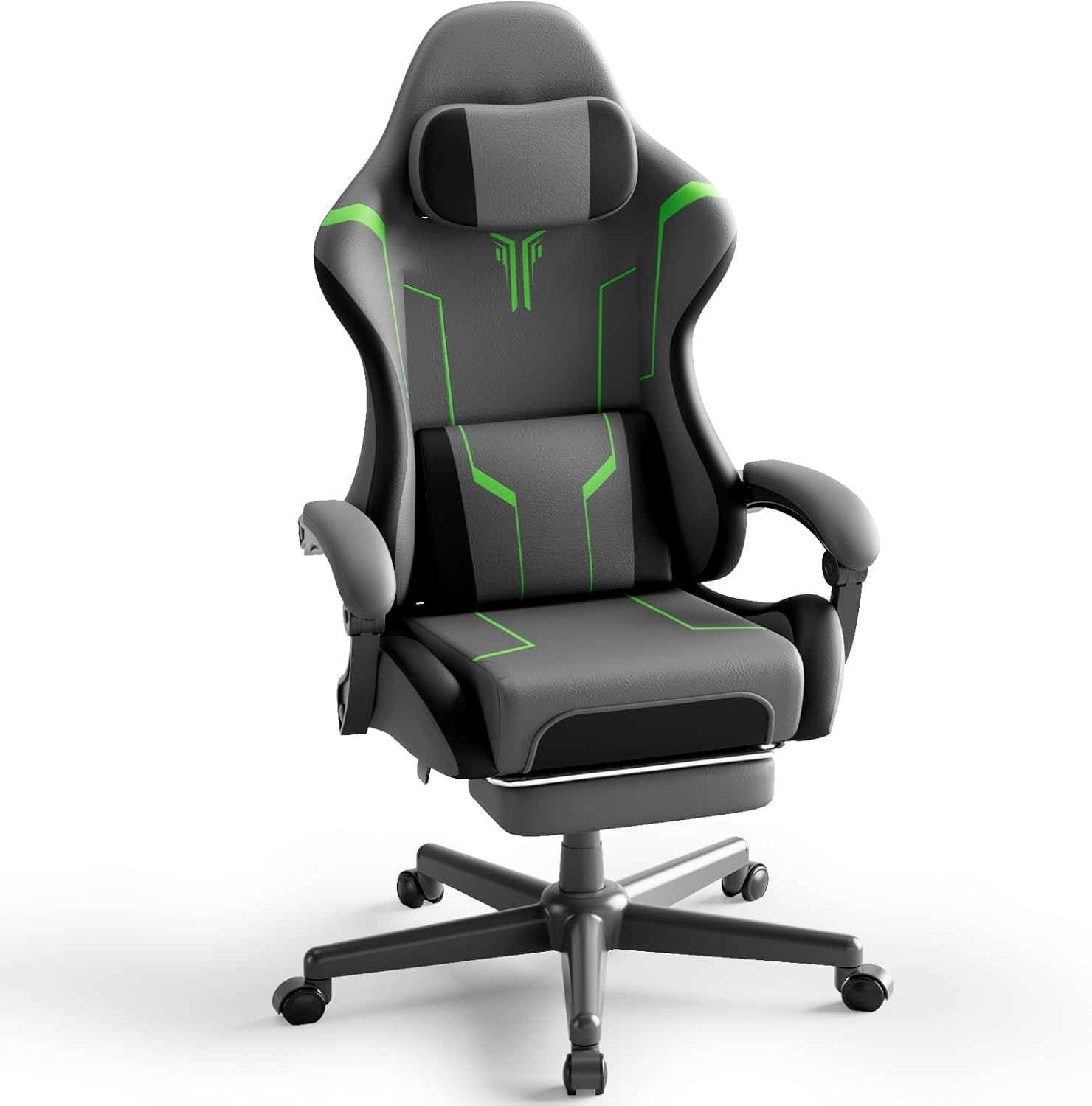Ferghana Gaming Chair, PU Leather Ergonomic Computer Chair with Massage Lumbar Support, High Back Office Game Chair with Footrest and Linkage Armrest for Adult, Grey/Black/Green