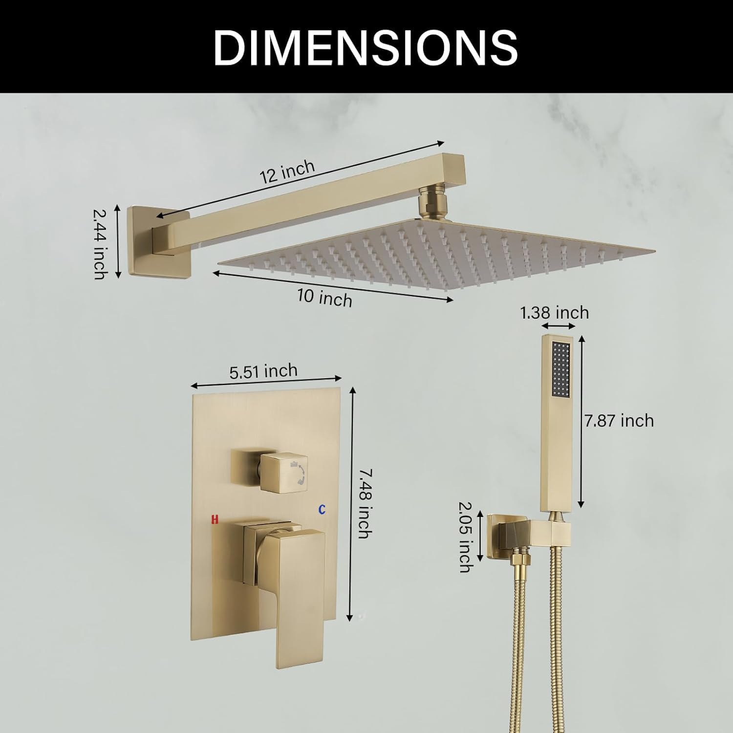 BWE Brushed Gold Shower Faucets Sets 10 Inch Square Bathroom Luxury Rain Shower Head with Handheld Spray Wall Mounted Shower System Rough-in Valve and Trim Included