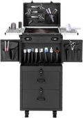 Rolling Lockable Makeup Train Case, Cosmetology Case on Wheels Hairstylist Traveling Bag with Hairdryer Holder, Salon Storage Toolbox with Carry Handle and Trolley (Pure Black)