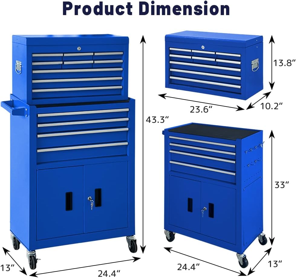 13-Drawer Rolling Tool Chest with Double Doors, 2 in 1 Detachable Rolling Tool Chest Combo, Mobile Tool Cabinet with Drawers, Metal Large Lockable Tool Box for Garage Workshop (Blue)