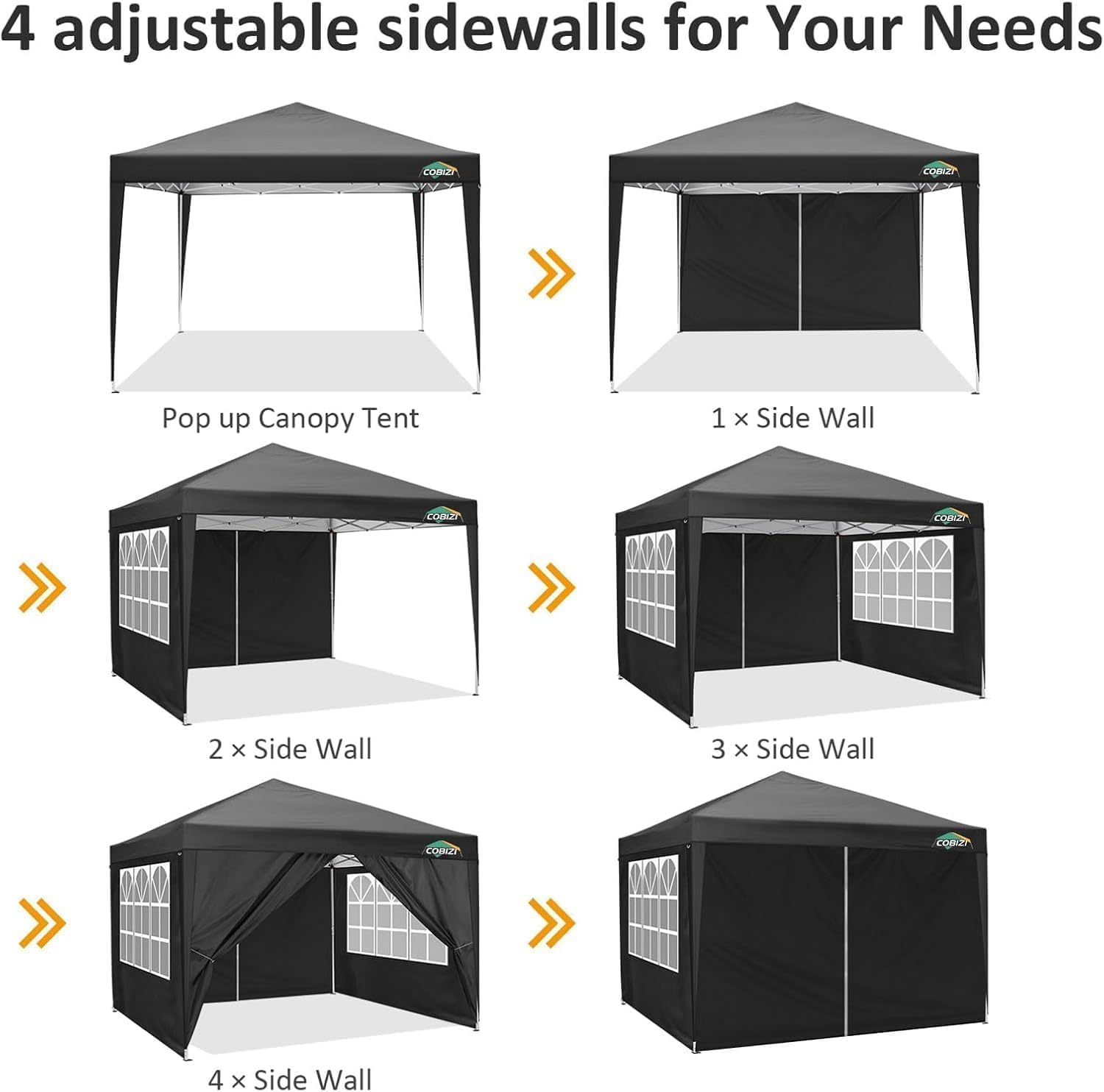 COBIZI 10x10 Pop Up Canopy Tent with 4 Sidewalls Party Tents Waterproof UPF 50+ Commercial Instant Outdoor Events Tent for Parties Markets Backyard, Ropes（10 x 10 ft Black