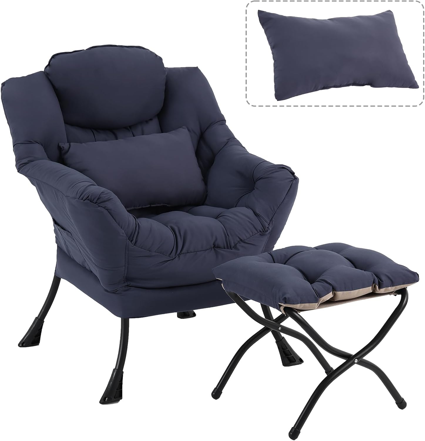 Lazy Chair with Ottoman, Modern Accent Chair with Lumbar Pillow, Navy Blue Sofa, Armchairs with Folding Footrest, Oversized Supportive Chairs for Bedroom, Reading