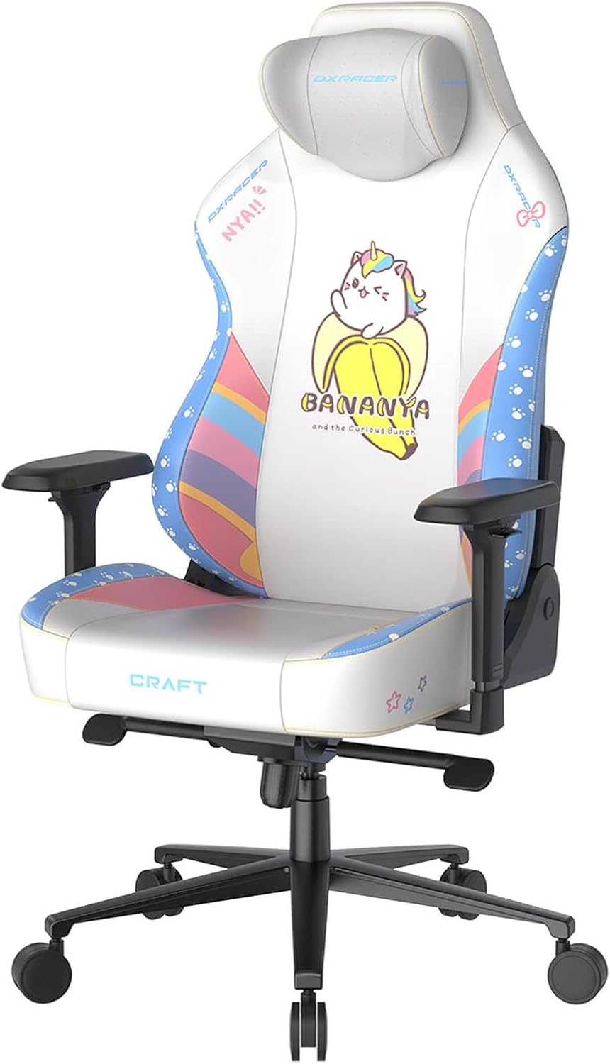 DXRacer Craft XL Video Gaming Chair for Adults, Ergonomic Office Reclining Computer Gamer Chair with Magnetic Head Pillow and Lumbar Support (EPU Leatherette, Bananya Cat)
