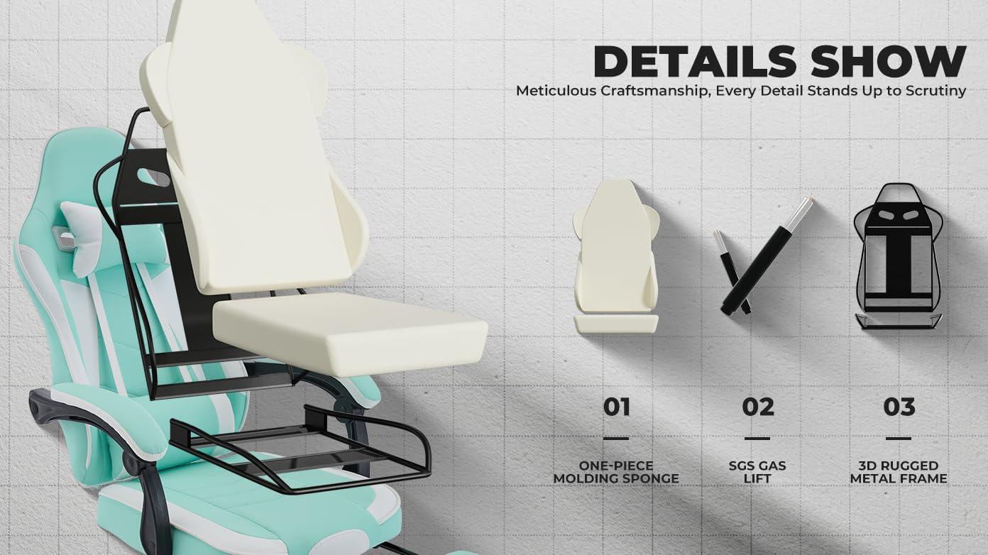 Gaming Chair with Massage and Footrest, Ergonomic High Back PC Racing Chair, 300LBS Capacity with Adjustable Lumbar Support & Headrest for Office and Desk (Model E, Green+White)