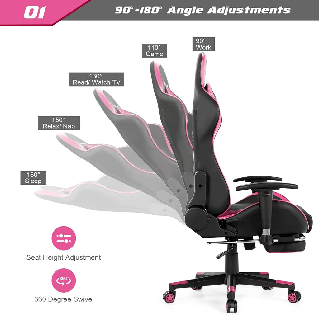 GORELAX Massage Gaming Chair, Reclining Computer Chair w/Lumbar Support, Adjustable Arms, Footrest, High Back Racing Style Ergonomic Home Office Chair for Heavy People (Pink)