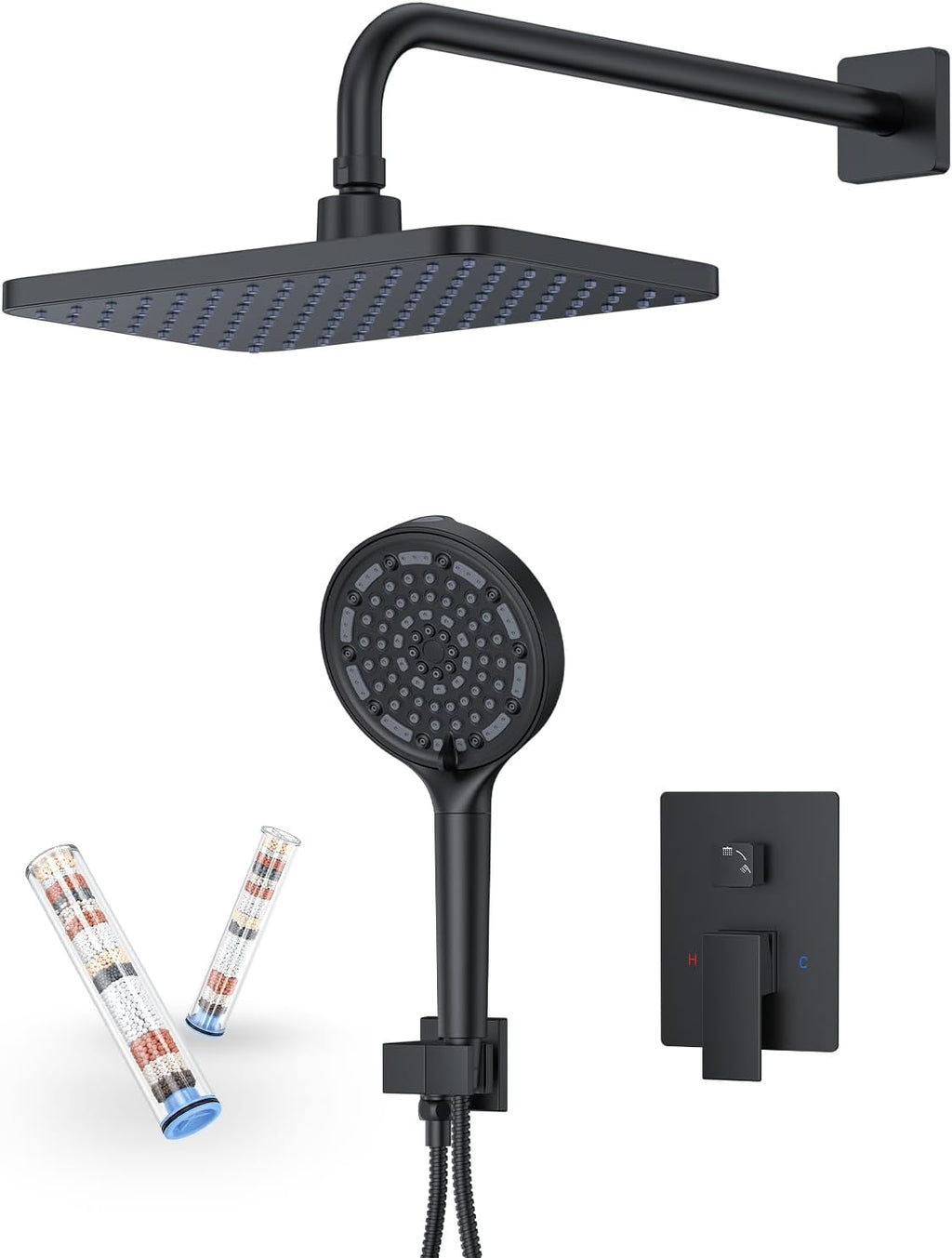 Matte Black 11-Inch Rainfall Shower System – Premium Filtered Handheld Sprayer & Fixed Shower Head, Complete Bathroom Set Faucet Mixer Trim & Valve