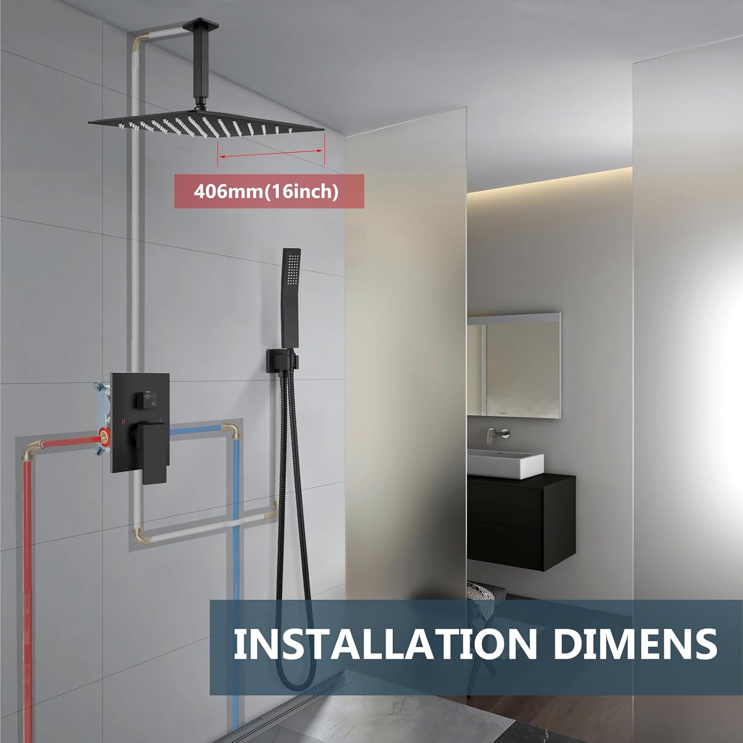 Aolemi Matte Black Ceiling Mount Rain Shower Head with Handheld Spray and High Pressure Faucet Set, Includes 16 Inch Shower Head and Trim Kit