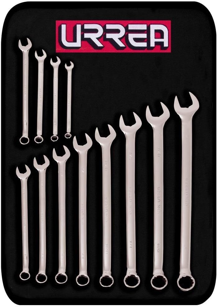 URREA 12-Point Combination Wrench Set - 12-Piece (10mm - 21mm) Extended Reach Mechanics Tool Kit with Canvas Tool-Roll & Fully Polished Nickel Chrome Finish - 1200AML