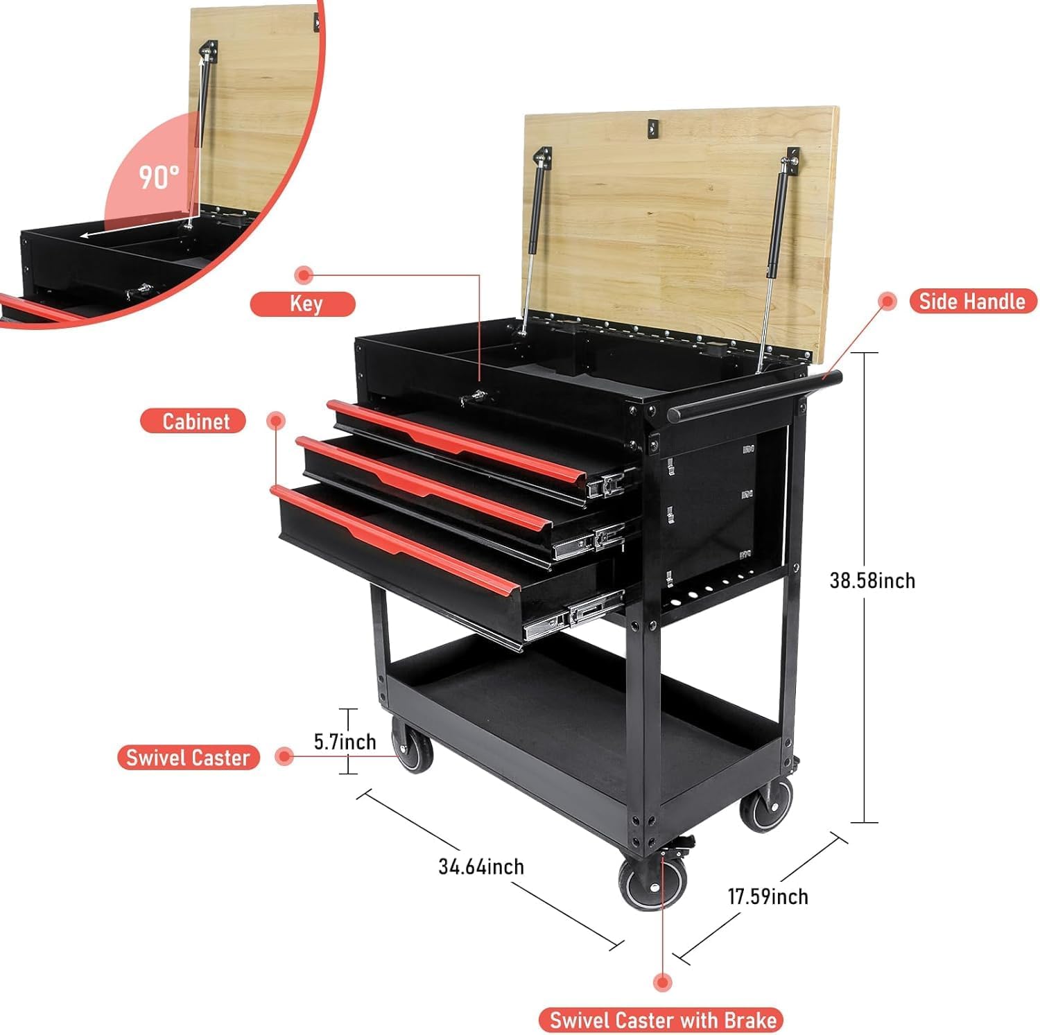 3-Drawer Rolling Tool Chest Cabinet, 38-Inch Tool Box with Wheels and Wooden Top, Service Cart, Tool Box Organizers and Storage, Caja de Herramientas (3 DRAWERS- BLACK AND RED)
