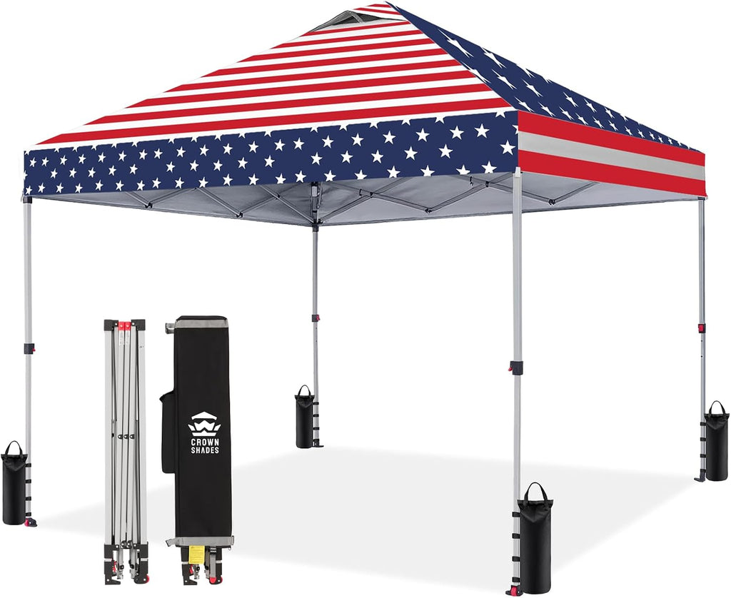 CROWN SHADES 10x10 Pop Up Canopy - Beach Tent with One Push Setup - Easy Outdoor Sun Shade for Events, Parties, Camping - Gazebo with STO-N-Go Cover Bag, Silver Coated Top, American Flag