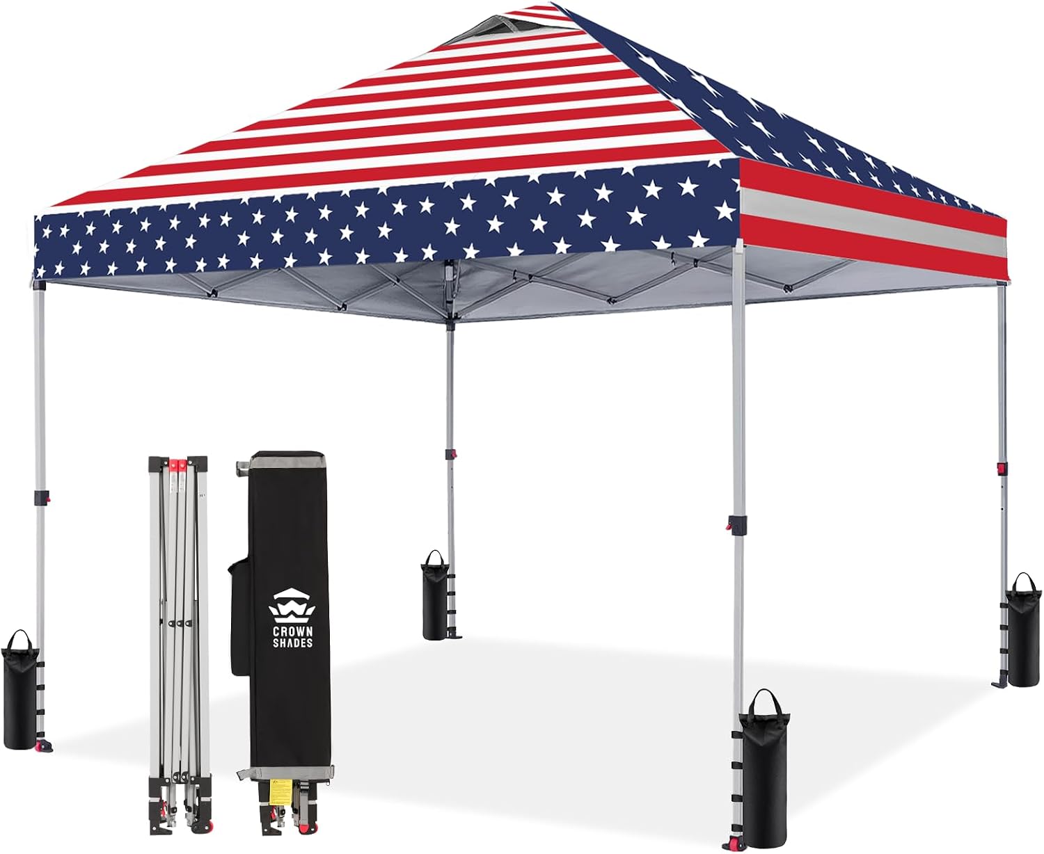 CROWN SHADES 10x10 Pop Up Canopy - Beach Tent with One Push Setup - Easy Outdoor Sun Shade for Events, Parties, Camping - Gazebo with STO-N-Go Cover Bag, Silver Coated Top, American Flag