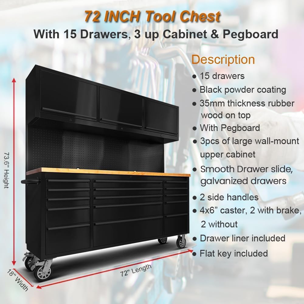 AnorTrek 72 inch 15 Drawers Tool Chest with 3 Up Cabinet & Pegboard, Rolling Tool Cabinet with Drawers (Black)