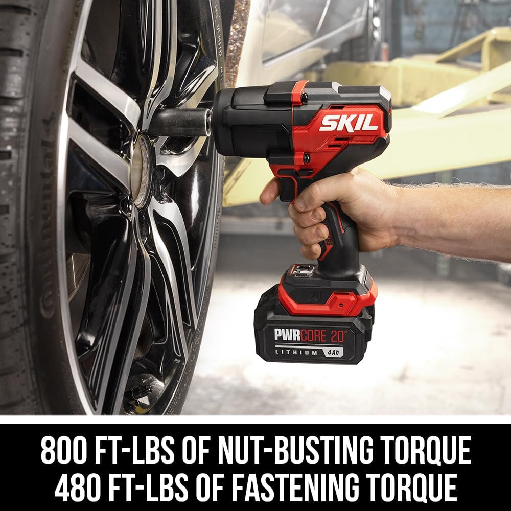 SKIL PWR CORE 20 Brushless 20V 1/2-Inch Mid-Torque Impact Wrench Kit, Includes 4.0 Ah Battery and Auto PWRJump Charger- IW5761B-10