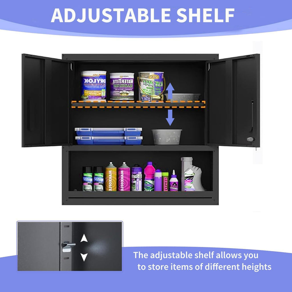 Metal Garage Wall Cabinet with Lock, Wall Mounted Metal Storage Cabinets with Doors and Shelf, Lockable Floating Tool Storage for Garage Basement Utility Room