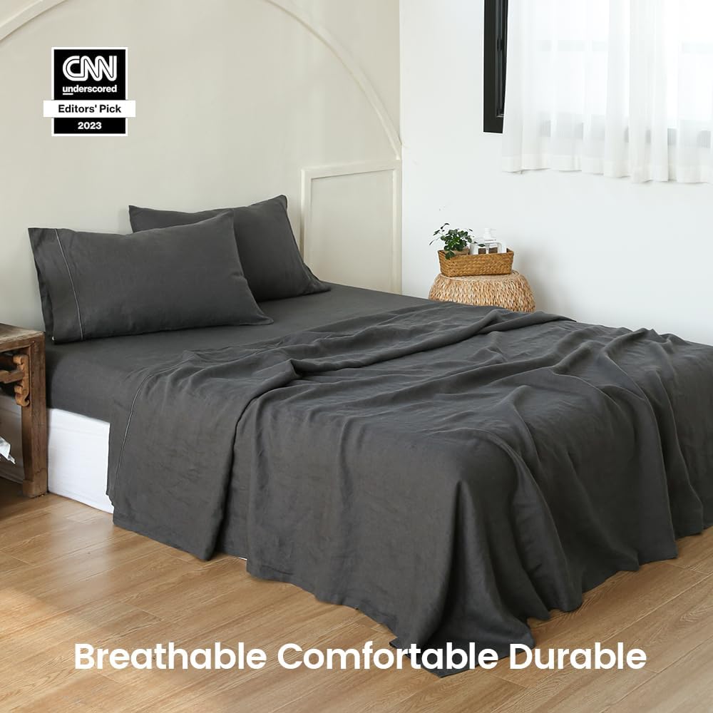 Simple&Opulence 100% Linen Sheet Set with Embroidery Washed - 4 Pieces (1 Flat Sheet & 1 Fitted Sheet & 2 Pillowcases) Natural Flax Soft Bedding Breathable Farmhouse - Dark Grey, Queen Size