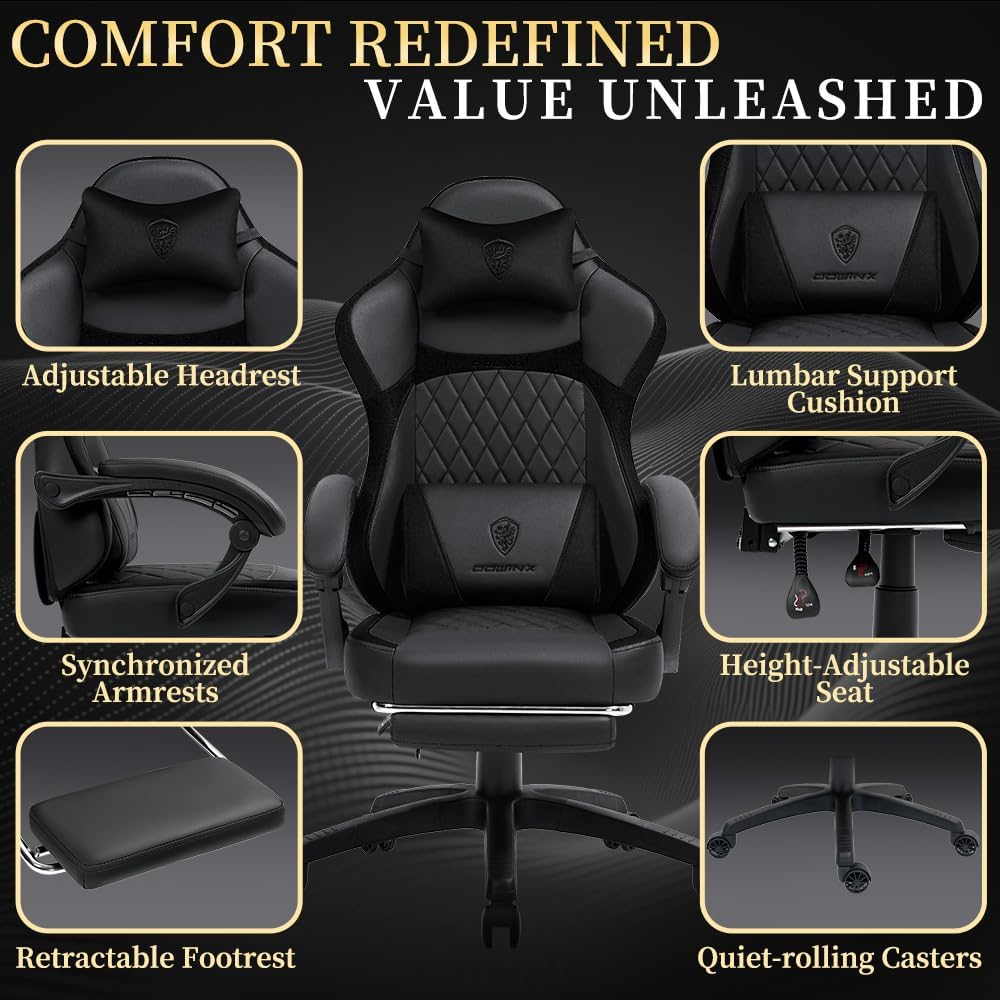 Dowinx 665TE0A Gaming Chair with Pocket Spring Cushion, Ergonomic Computer Chair with Massage Lumbar and Footrest for Adults, High Back Game Chair Leather for Office Gaming 300LBS