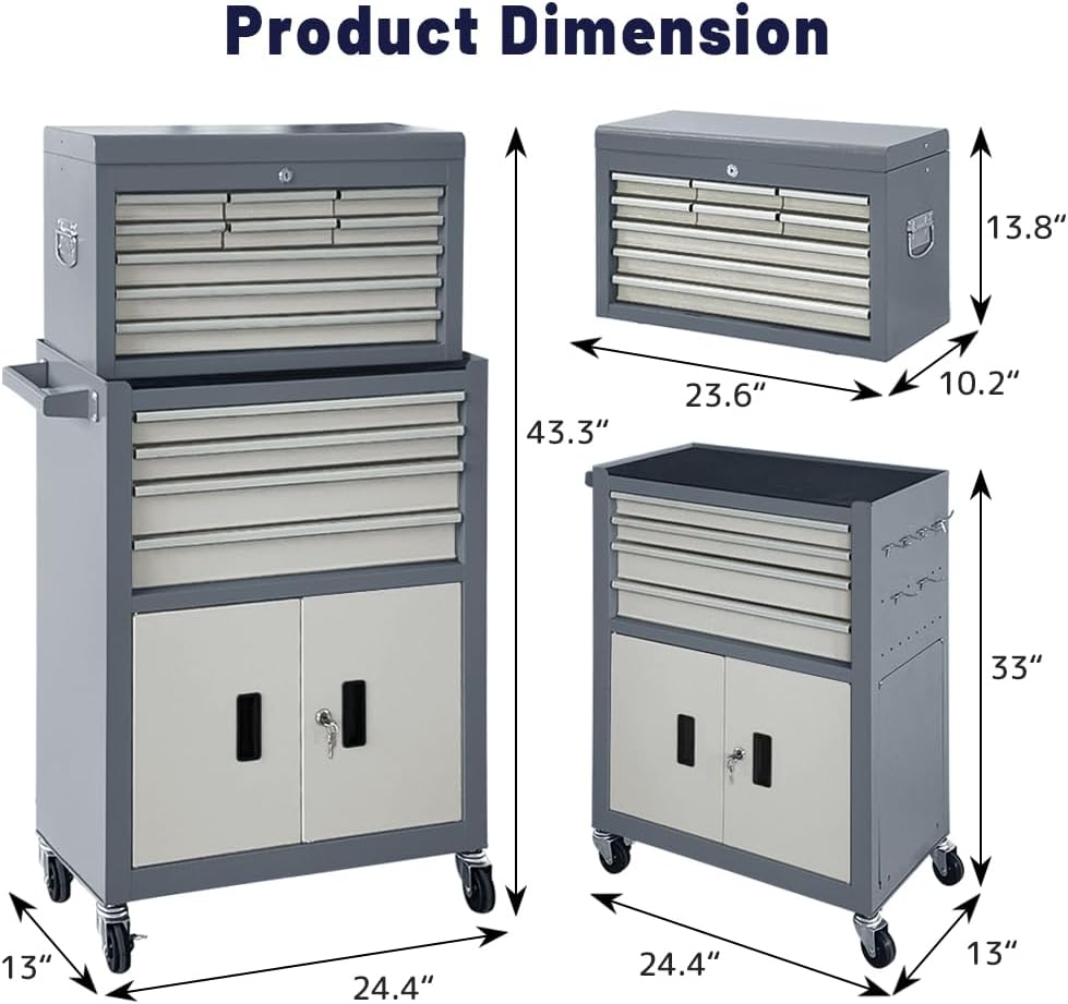 13-Drawer Rolling Tool Chest with Double Doors, 2 in 1 Detachable Rolling Tool Chest with Drawers, Mobile Tool Cabinet Combo, Metal Large Lockable Tool Box for Garage Workshop (Gray)