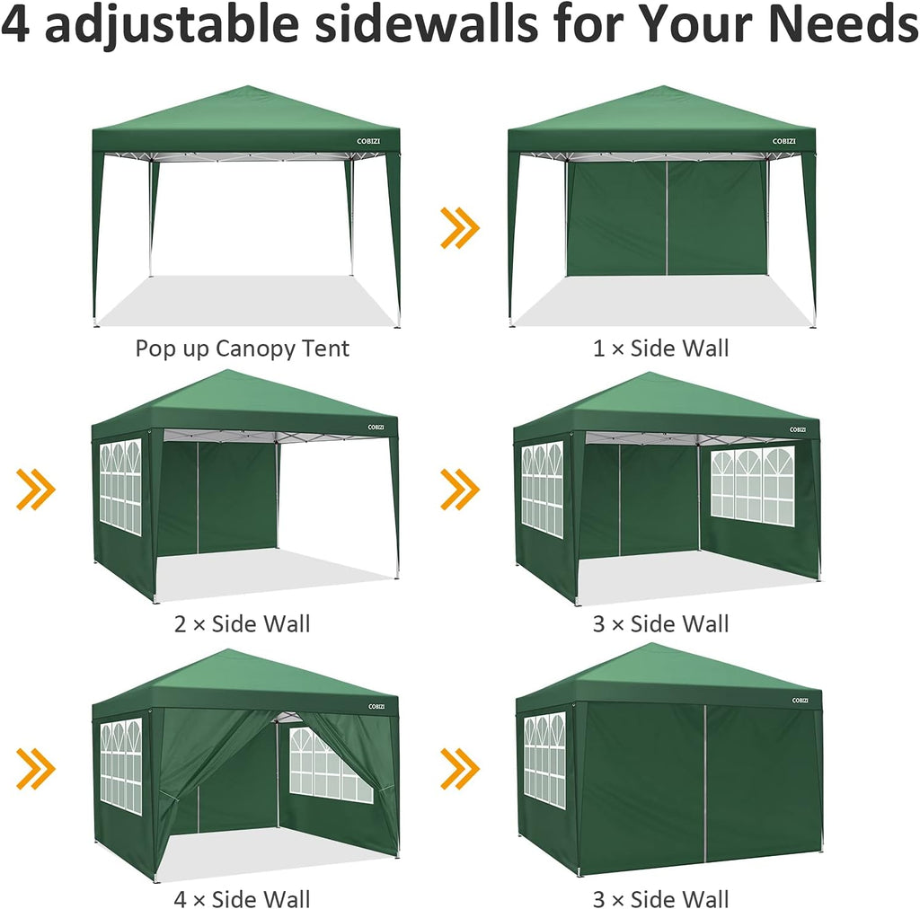 COBIZI 10x10 Pop Up Canopy Tent with 4 Sidewalls,10x10 Ez Up Waterproof Canopy Tents for Parties Camping Exhibition, Outdoor Easy Set U Gazebo Tent with Carry Bag,8 Stakes & 4 Ropes(Green