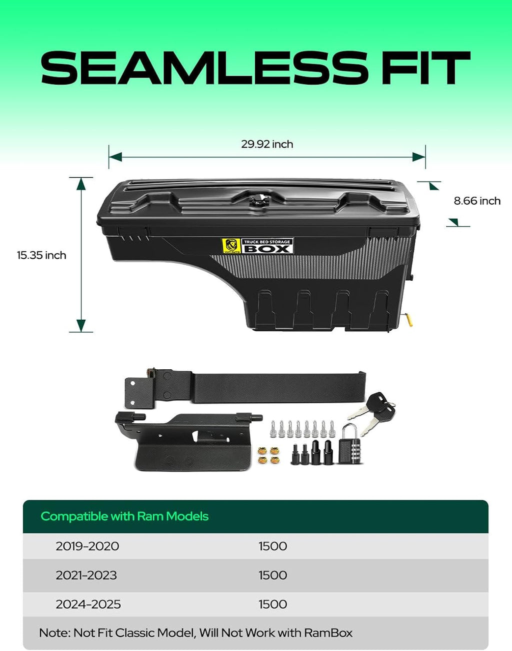YHTAUTO Truck Bed Storage Tool Box Lockable Compatible with 2019-2025 Ram 1500 Pickup, Passenger Side, Will Not Work with RamBox & Classic Model, Swing Waterproof Wheel Well Toolbox