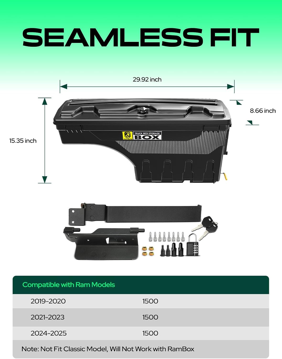 YHTAUTO Truck Bed Storage Tool Box Lockable Compatible with 2019-2025 Ram 1500 Pickup, Passenger Side, Will Not Work with RamBox & Classic Model, Swing Waterproof Wheel Well Toolbox