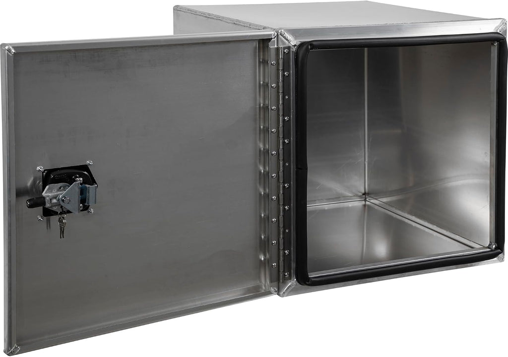 Buyers Products 1705431 Pro Series 24x24x24 Smooth Aluminum Underbody Truck Tool Box, Single Barn Door, Compression Latch, 0.125 in Thick, Rain Gutter & Bulb Seal, Bolt-On Stainless Hinge