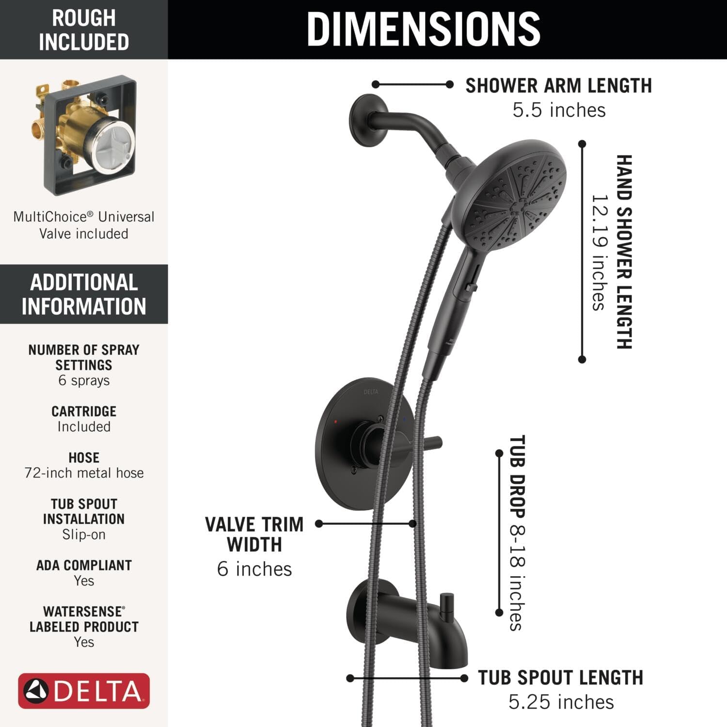 Delta Nicoli 14 Series Matte Black Bathtub Shower Faucet Set with Handheld Shower Head, Valve Trim Kit, Matte Black 144749-BL-HS (Valve Included)