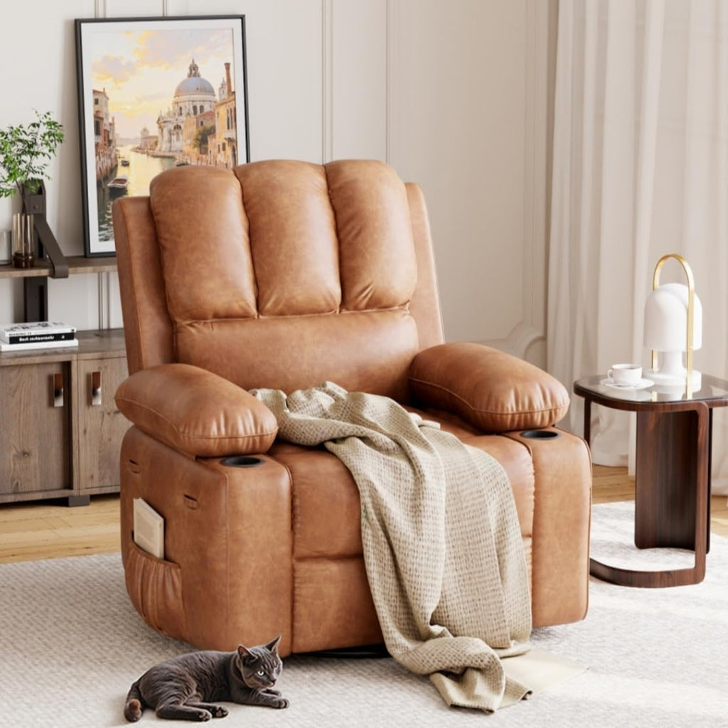 Oversized Recliner Chairs with Massage and Heat, Leather Recliner Chair for Adults, Manual Chair with Cup Holder for Living Room, Bedroom and Nursery (Coffee-1)