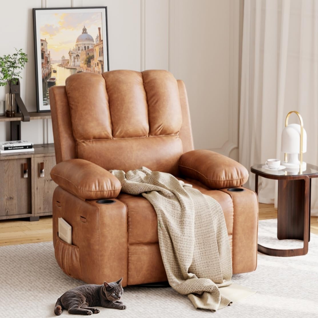 Oversized Recliner Chairs with Massage and Heat, Leather Recliner Chair for Adults, Manual Chair with Cup Holder for Living Room, Bedroom and Nursery (Coffee-1)